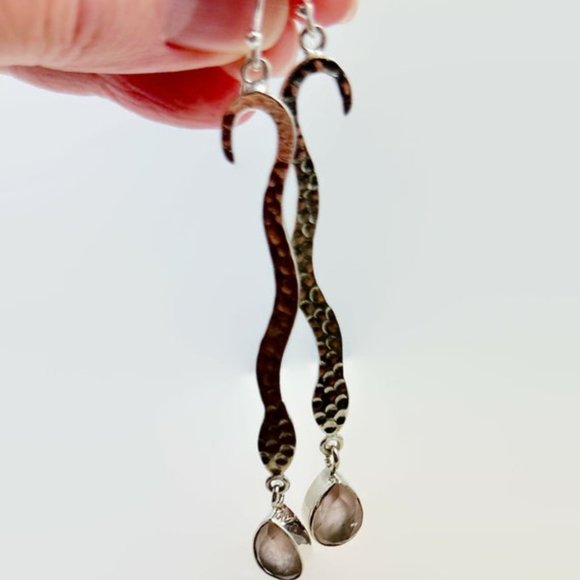 Snake Earrings, Sterling Silver, Rose Quartz, Faceted Stone, 3" Long, Statement - Picture 4 of 6